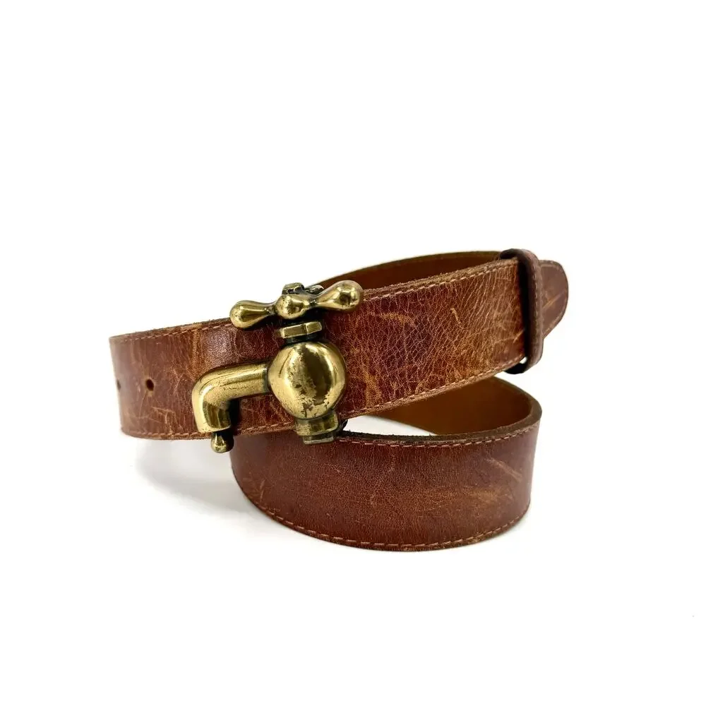 Vintage 90s Distressed Brown Leather Belt With Brass Faucet Buckle